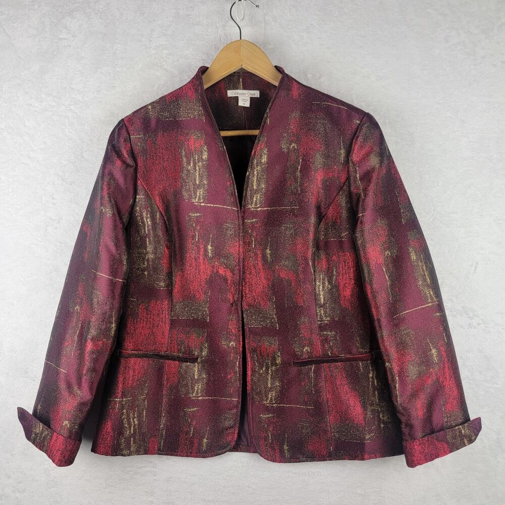 Coldwater M Blazer Satin Metallic Burgundy Gold Artsy Print Hook Eye Jacket